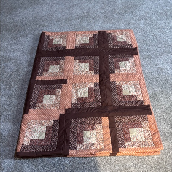 Unbranded Other - Large Log Cabin Handmade Patchwork Quilt in Brown and Orange 80”x104”